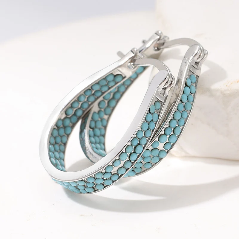 Colorful Crystal Turquoise Color Hoop Earrings Silver Tone Brass Women Party Fashion… — image 3