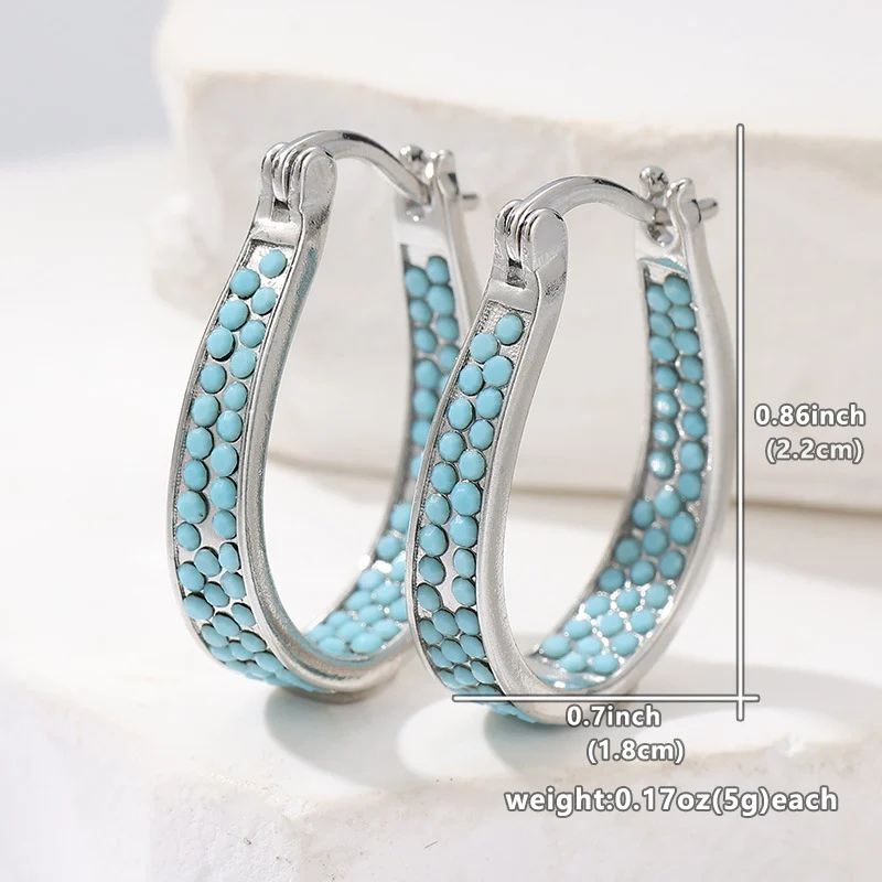 Colorful Crystal Turquoise Color Hoop Earrings Silver Tone Brass Women Party Fashion… — image 5
