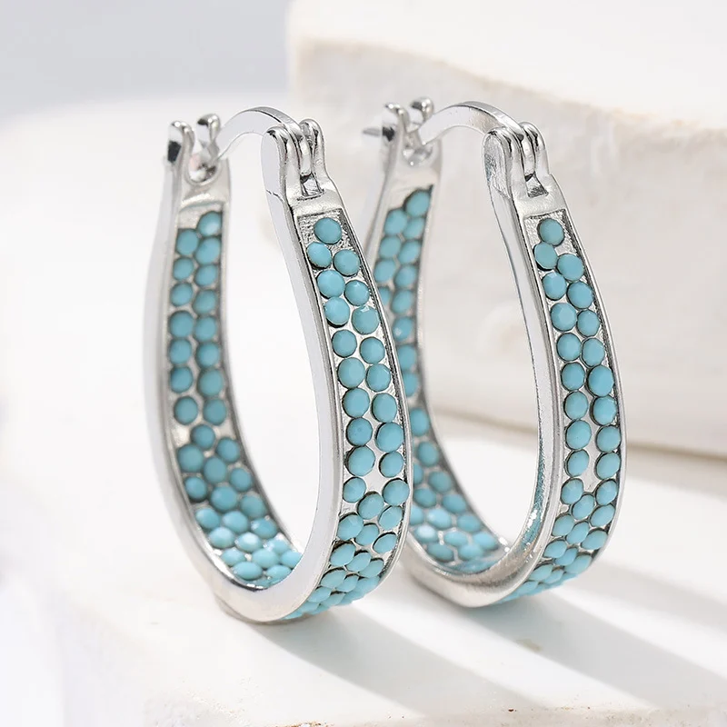 Colorful Crystal Turquoise Color Hoop Earrings Silver Tone Brass Women Party Fashion… — image 2
