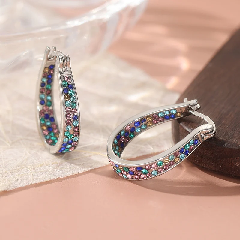 Colorful Crystal Turquoise Color Hoop Earrings Silver Tone Brass Women Party Fashion… — image 4