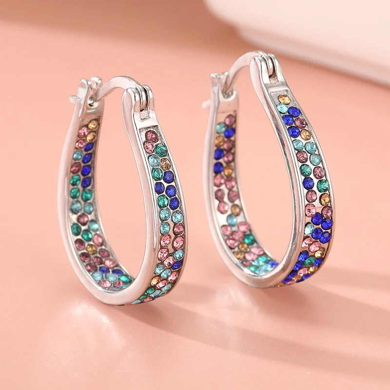 Colorful Crystal Turquoise Color Hoop Earrings Silver Tone Brass Women Party Fashion… — image 6