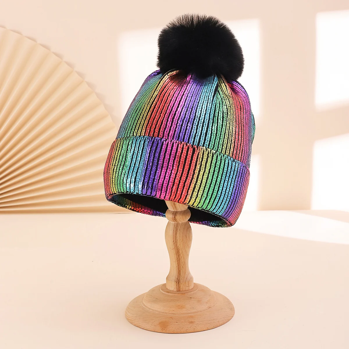 Colorful Stamped Gold Large Wooly Ball Knitted Hood For Autumn Winter With Vertical… — image 4