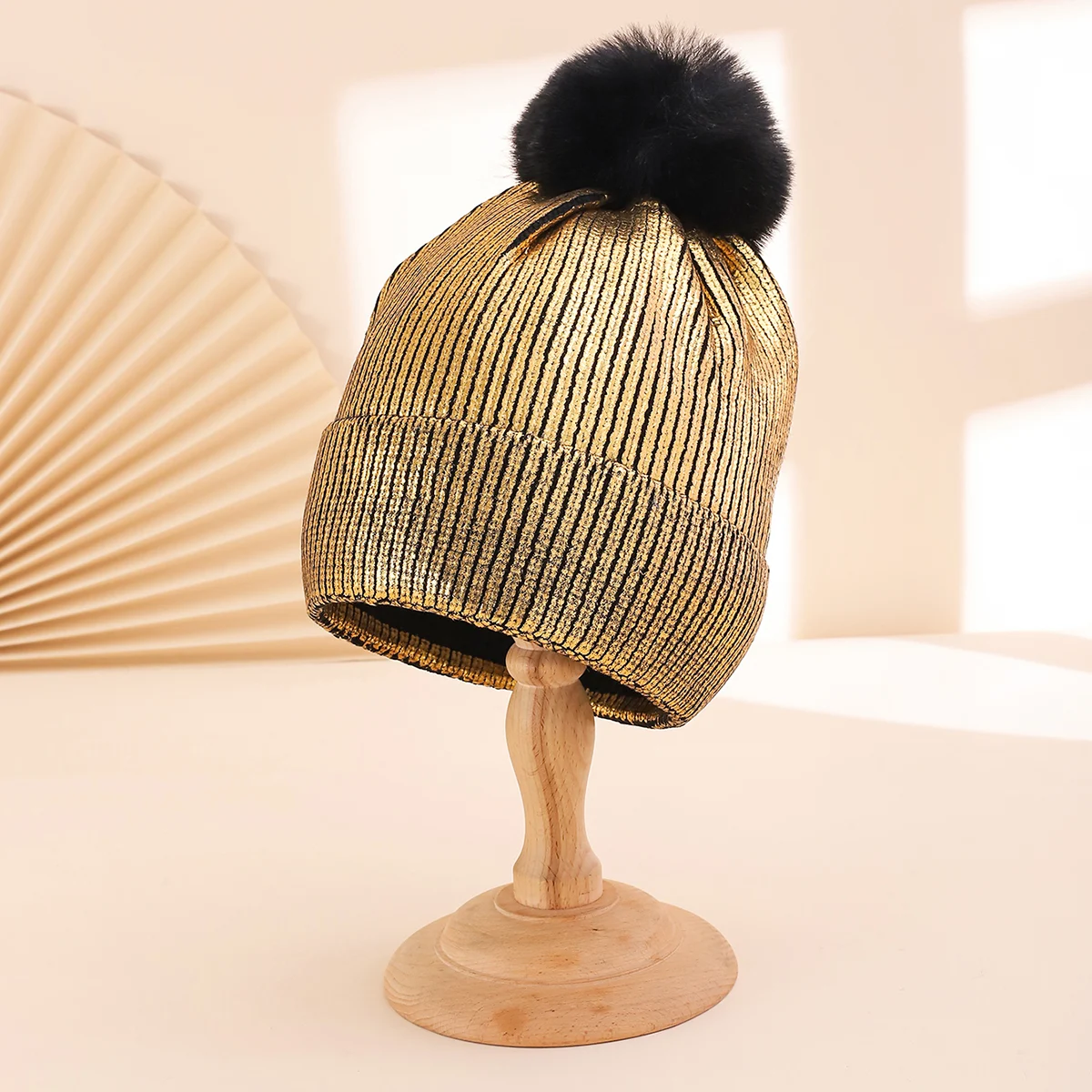 Colorful Stamped Gold Large Wooly Ball Knitted Hood For Autumn Winter With Vertical… — variant image