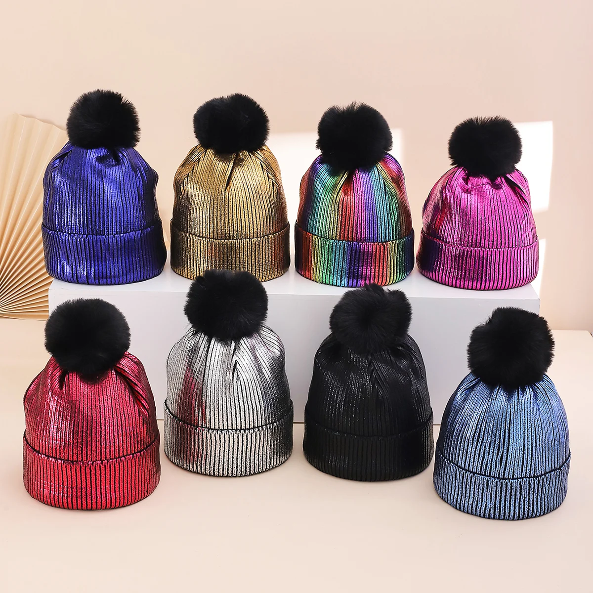 Colorful Stamped Gold Large Wooly Ball Knitted Hood For Autumn Winter With Vertical… — image 8