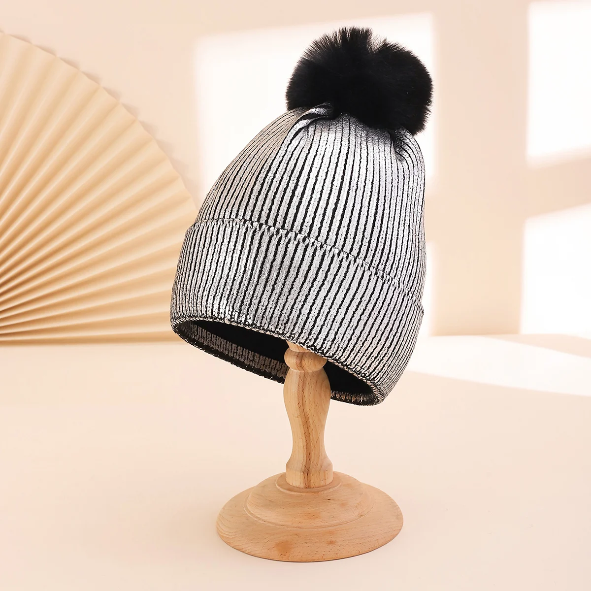 Colorful Stamped Gold Large Wooly Ball Knitted Hood For Autumn Winter With Vertical… — image 6
