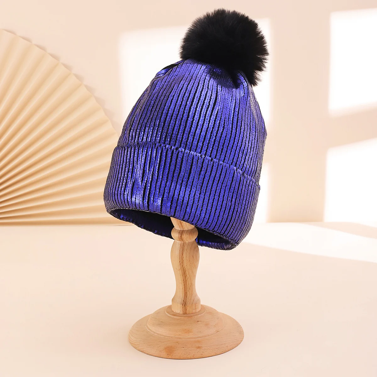 Colorful Stamped Gold Large Wooly Ball Knitted Hood For Autumn Winter With Vertical… — image 5