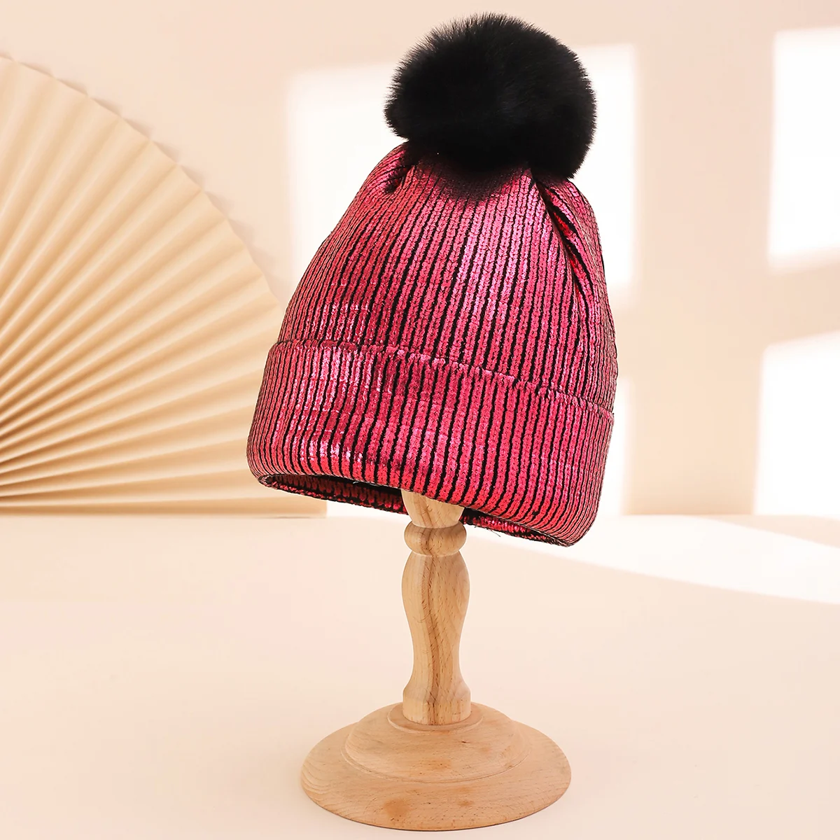 Colorful Stamped Gold Large Wooly Ball Knitted Hood For Autumn Winter With Vertical… — image 1