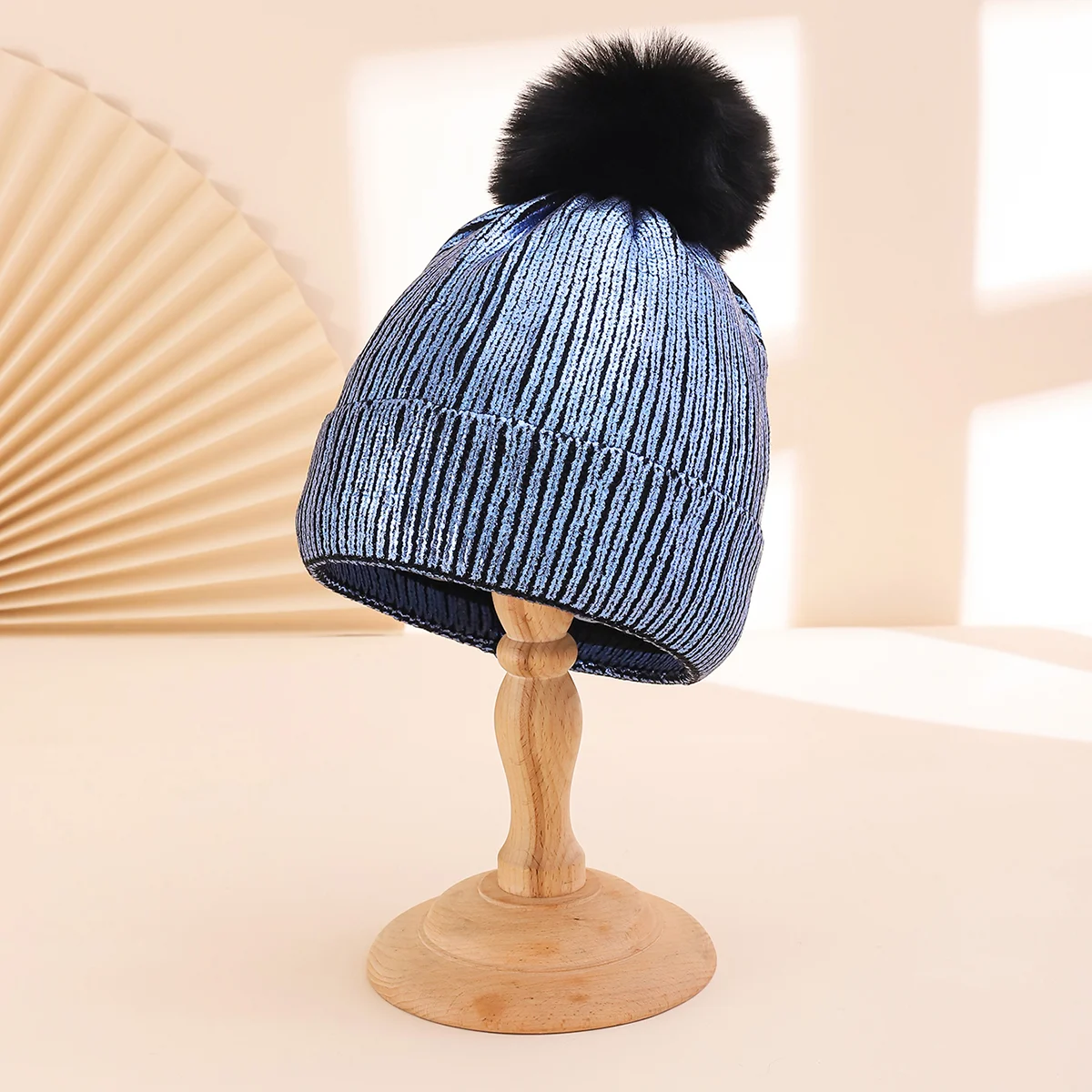 Colorful Stamped Gold Large Wooly Ball Knitted Hood For Autumn Winter With Vertical… — variant image