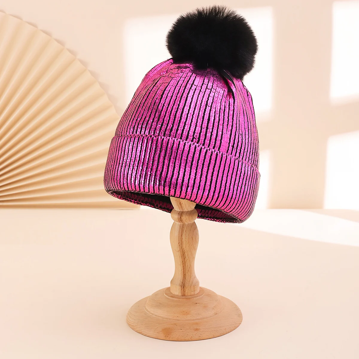 Colorful Stamped Gold Large Wooly Ball Knitted Hood For Autumn Winter With Vertical… — image 3