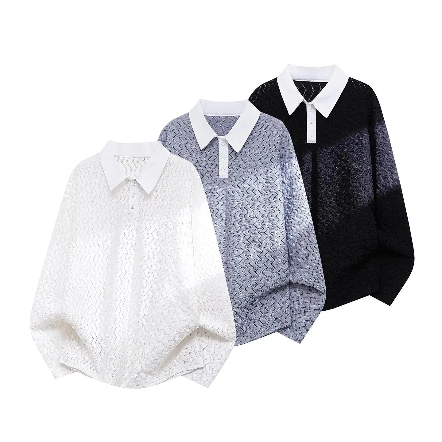 Contrast-color Lapel Hollow-out Long-sleeve Top — image 4