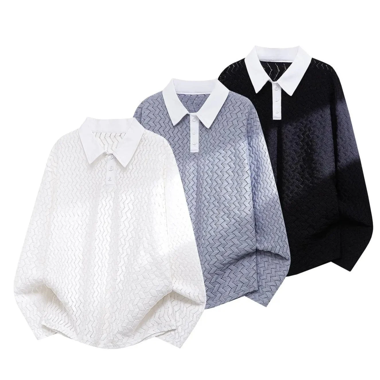 Contrast-color Lapel Hollow-out Long-sleeve Top — image 2