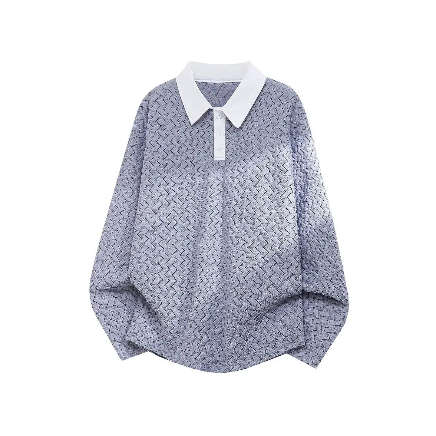 Contrast-color Lapel Hollow-out Long-sleeve Top — image 3