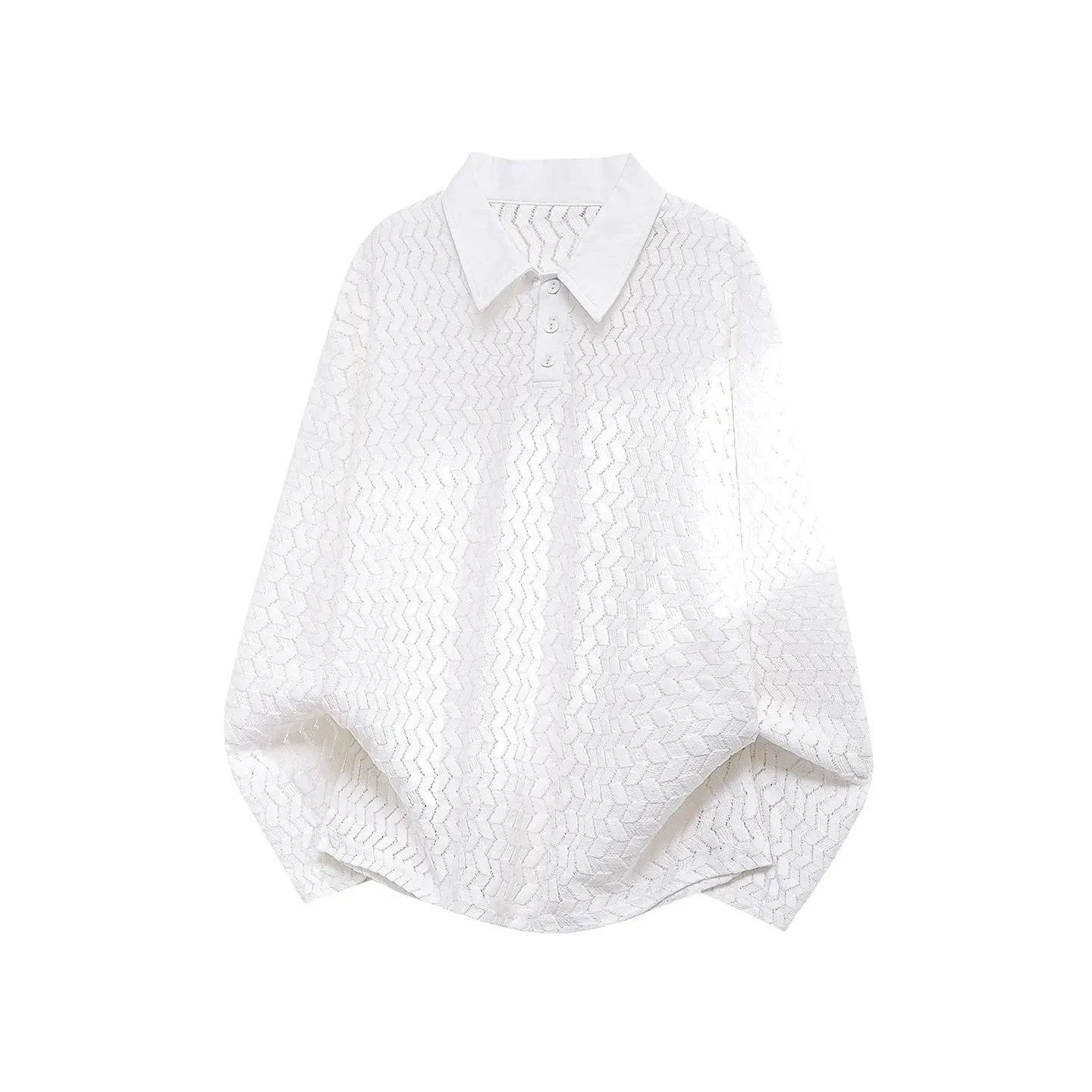 Contrast-color Lapel Hollow-out Long-sleeve Top — image 5