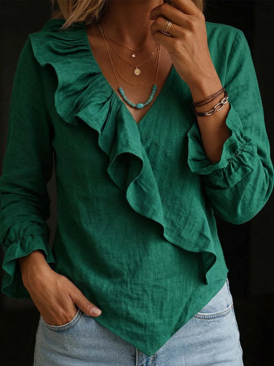 Cotton And Linen Ruffled V-neck Shirt, Fashionable Irregular Hem Bell-sleeve Top — image 3