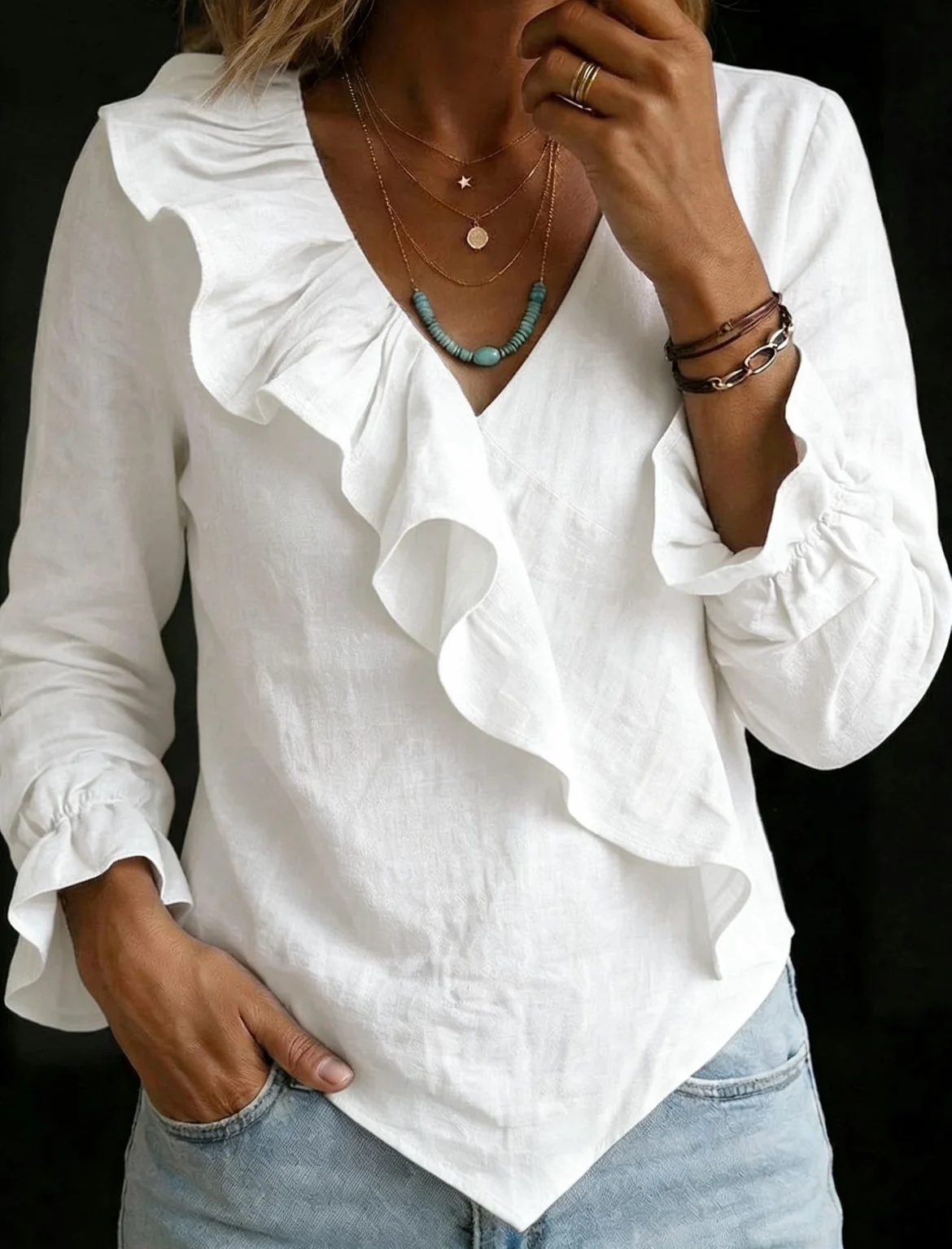 Cotton And Linen Ruffled V-neck Shirt, Fashionable Irregular Hem Bell-sleeve Top — image 6