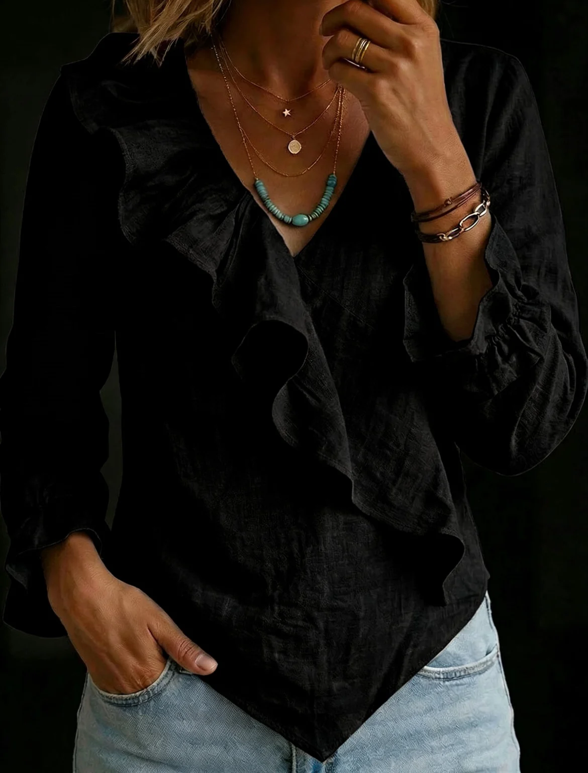 Cotton And Linen Ruffled V-neck Shirt, Fashionable Irregular Hem Bell-sleeve Top — image 7
