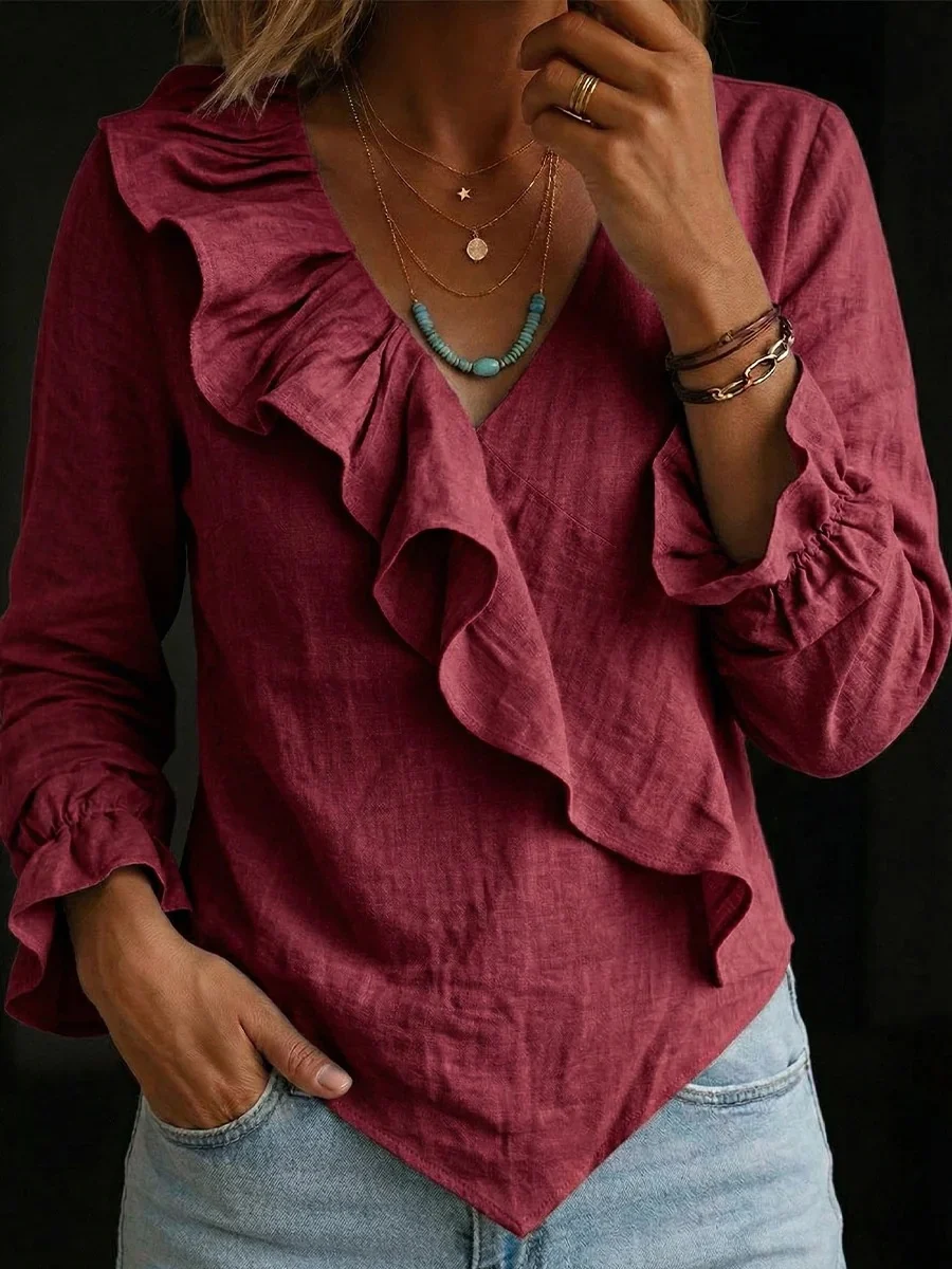 Cotton And Linen Ruffled V-neck Shirt, Fashionable Irregular Hem Bell-sleeve Top — image 4