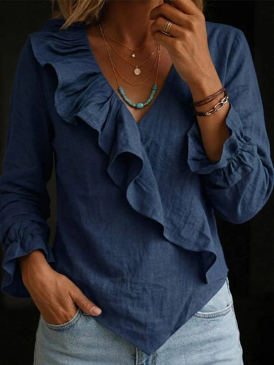 Cotton And Linen Ruffled V-neck Shirt, Fashionable Irregular Hem Bell-sleeve Top — image 2