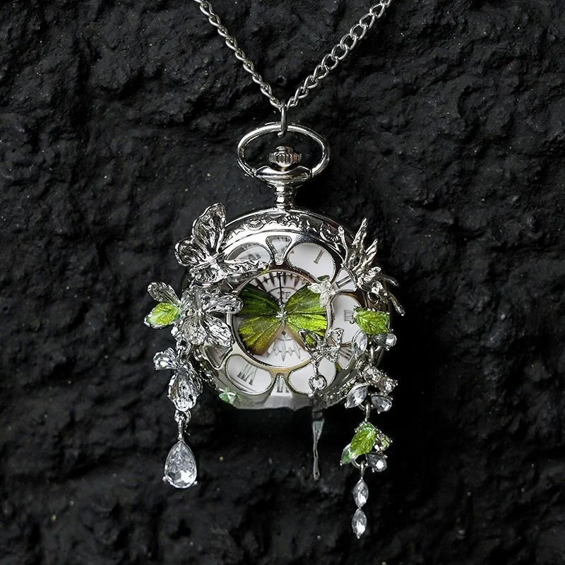Couples Teal And Green Butterfly Animated Pocket Watch For Graduation Season — image 3