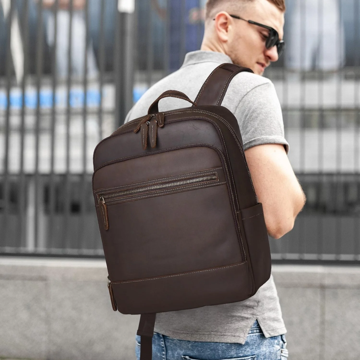 Crazy Horse Leather Cowhide Brown Mens Backpack — image 2