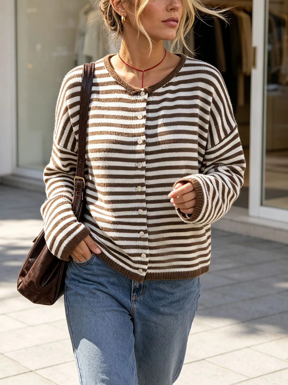 Crew-neck Single-breasted Solid-color Knitted Cardigan With Dropped Shoulders And Long… — image 5