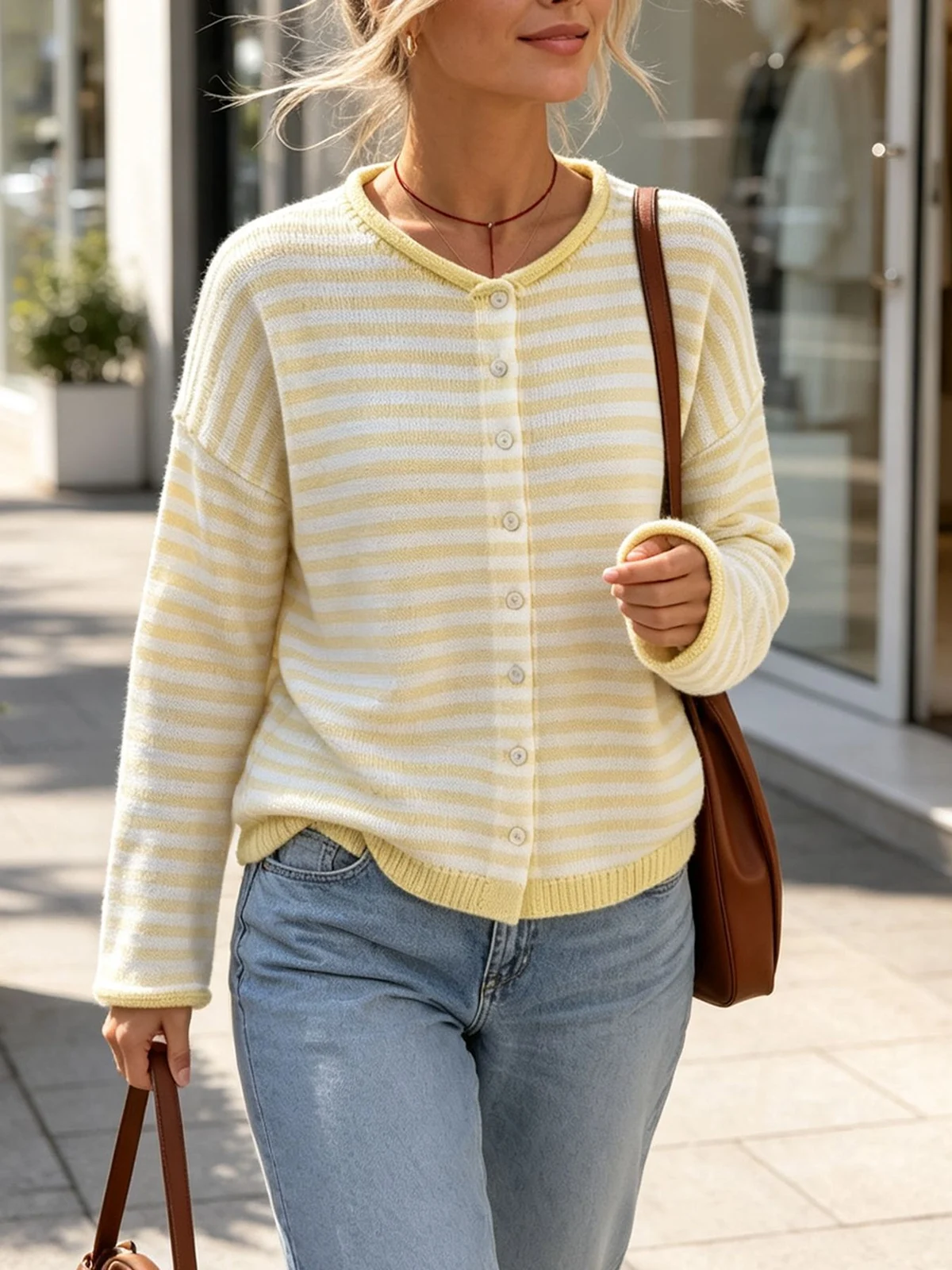 Crew-neck Single-breasted Solid-color Knitted Cardigan With Dropped Shoulders And Long… — image 7