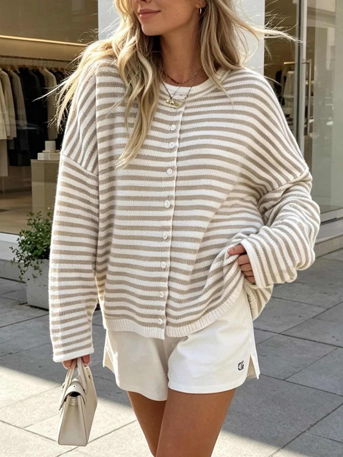 Crew-neck Single-breasted Solid-color Knitted Cardigan With Dropped Shoulders And Long… — image 15