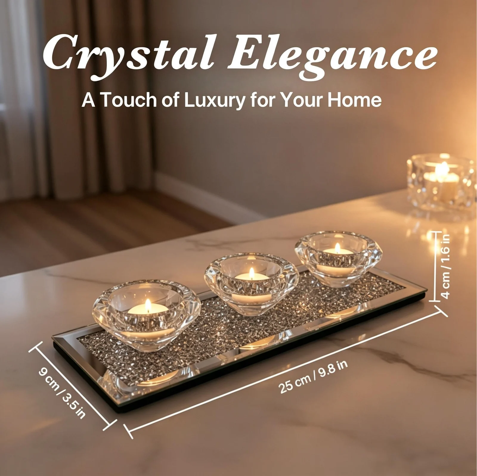 Crushed Diamond Mirrored Candle Holder Set With 3 Clear Glass Crystal Tealight Cups,… — image 8