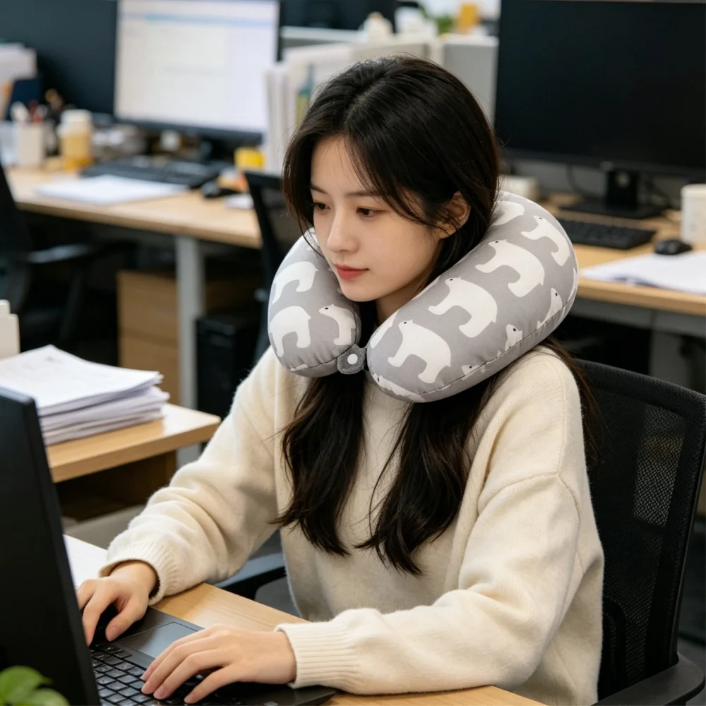 Cute Animal Pattern Cervical Travel Neck Pillow, Soft Micro Bead Filling Pillow — image 3