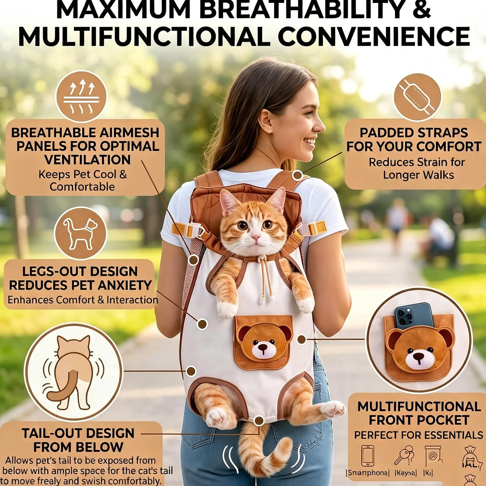 Cute Bear Pet Front Carrier Backpack, Hands Free Chest Carry Bag For Small Dogs Cats,… — image 4
