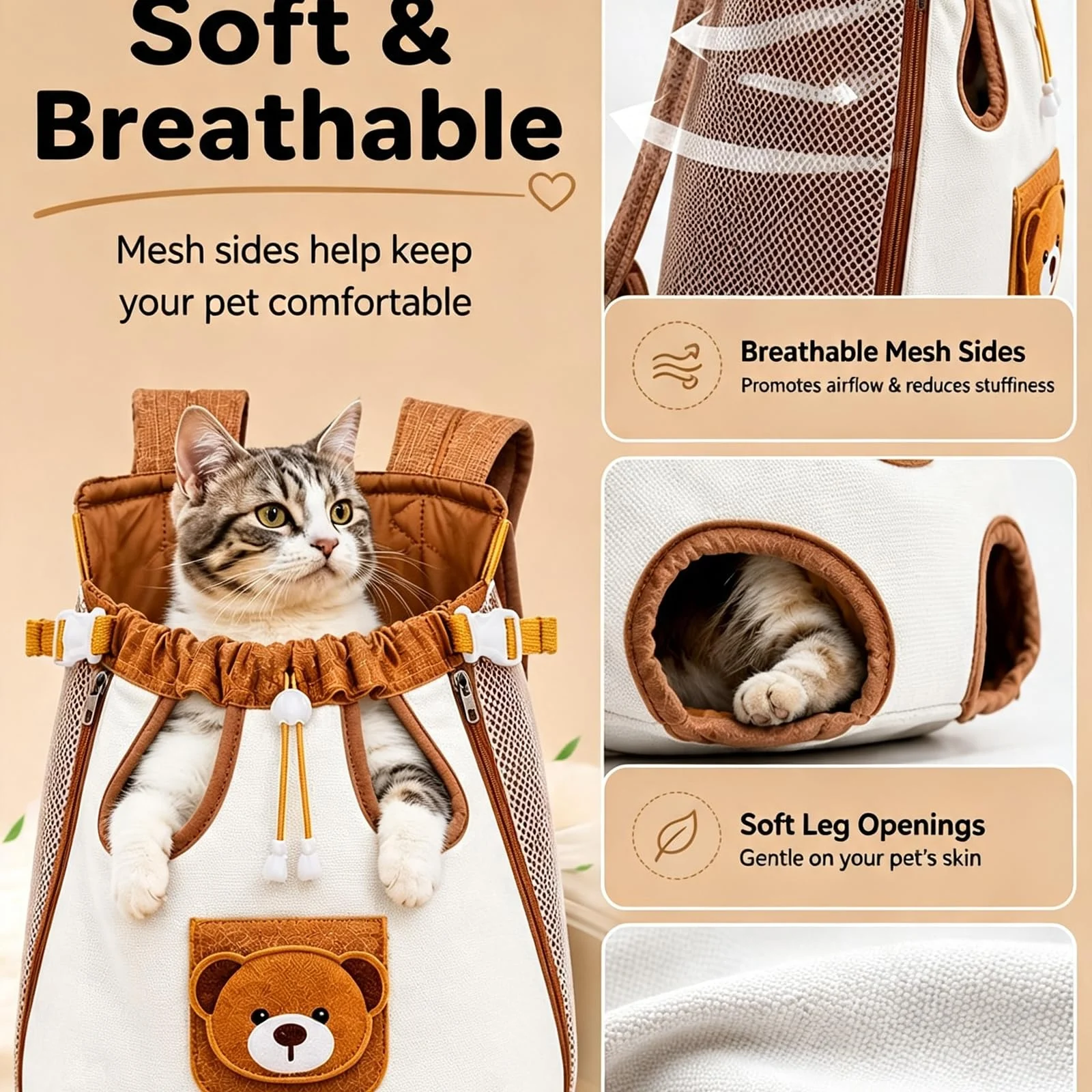 Cute Bear Pet Front Carrier Backpack, Hands Free Chest Carry Bag For Small Dogs Cats,… — image 8