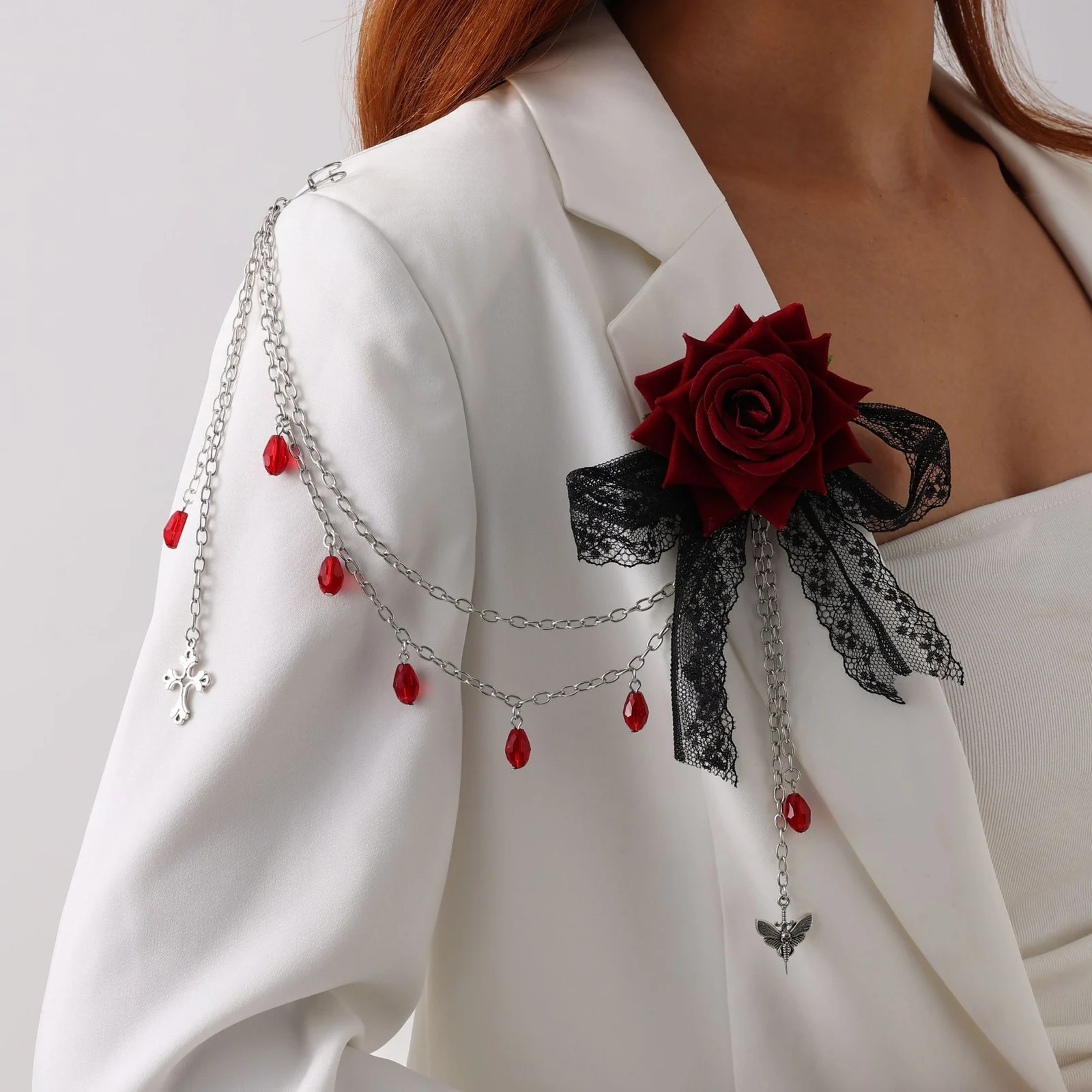 Dark-style Rose Bud Lace Tassel Brooch Pin — image 3
