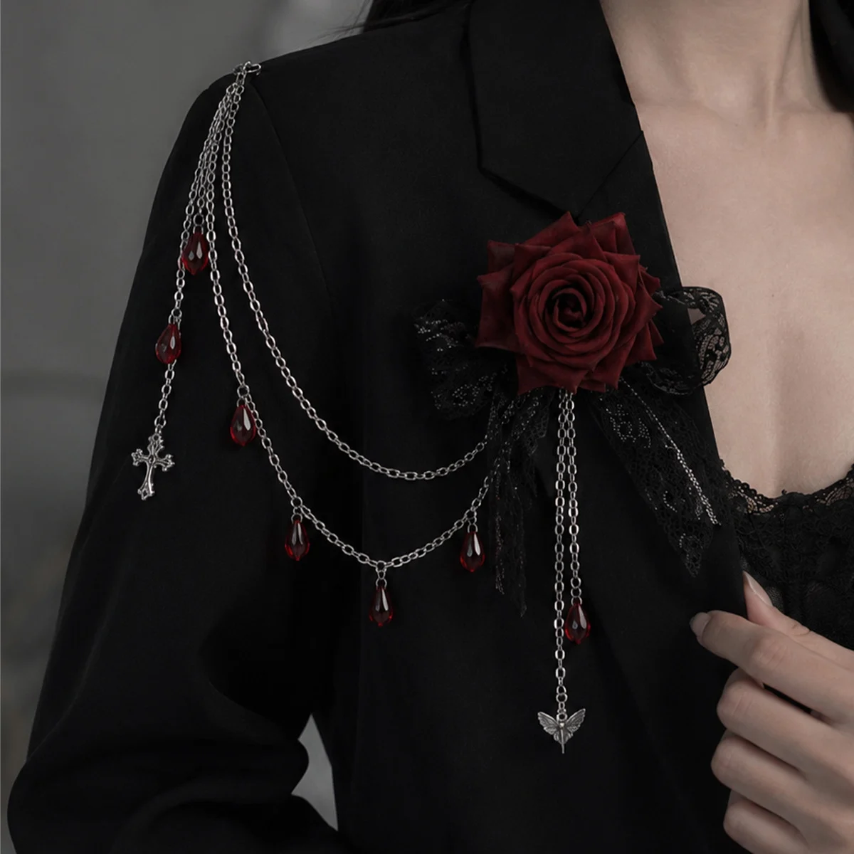 Dark-style Rose Bud Lace Tassel Brooch Pin — image 1