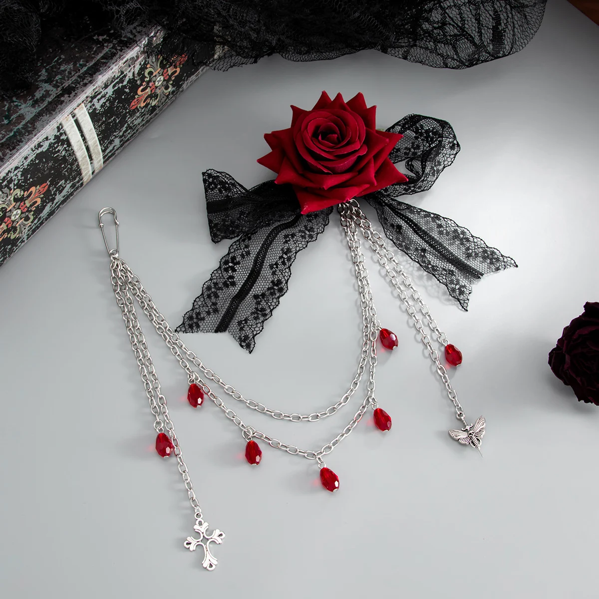 Dark-style Rose Bud Lace Tassel Brooch Pin — image 2