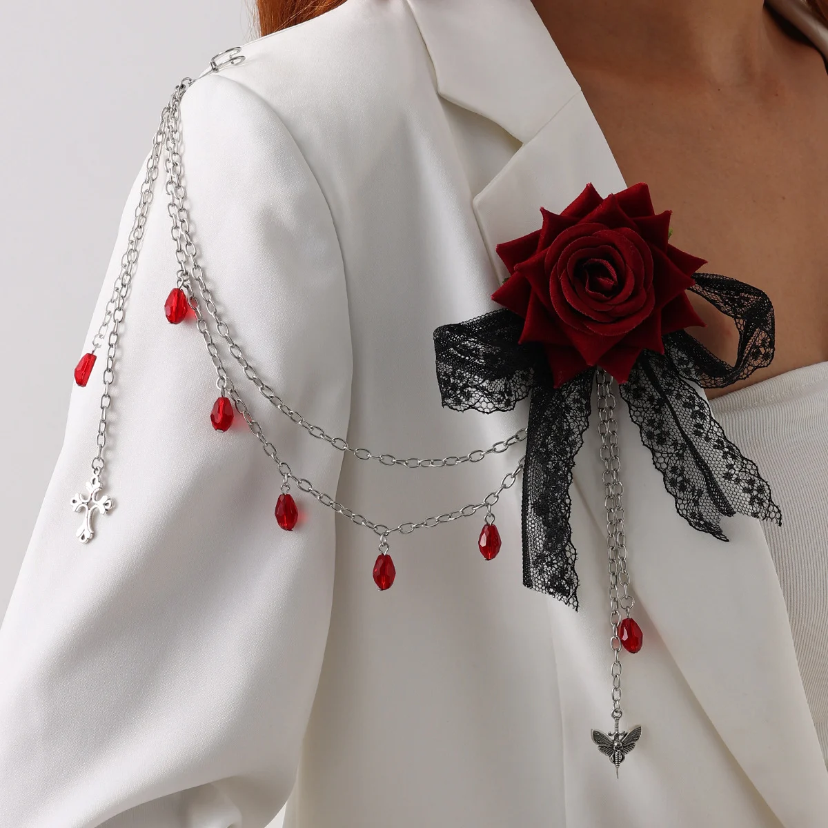 Dark-style Rose Bud Lace Tassel Brooch Pin — image 5