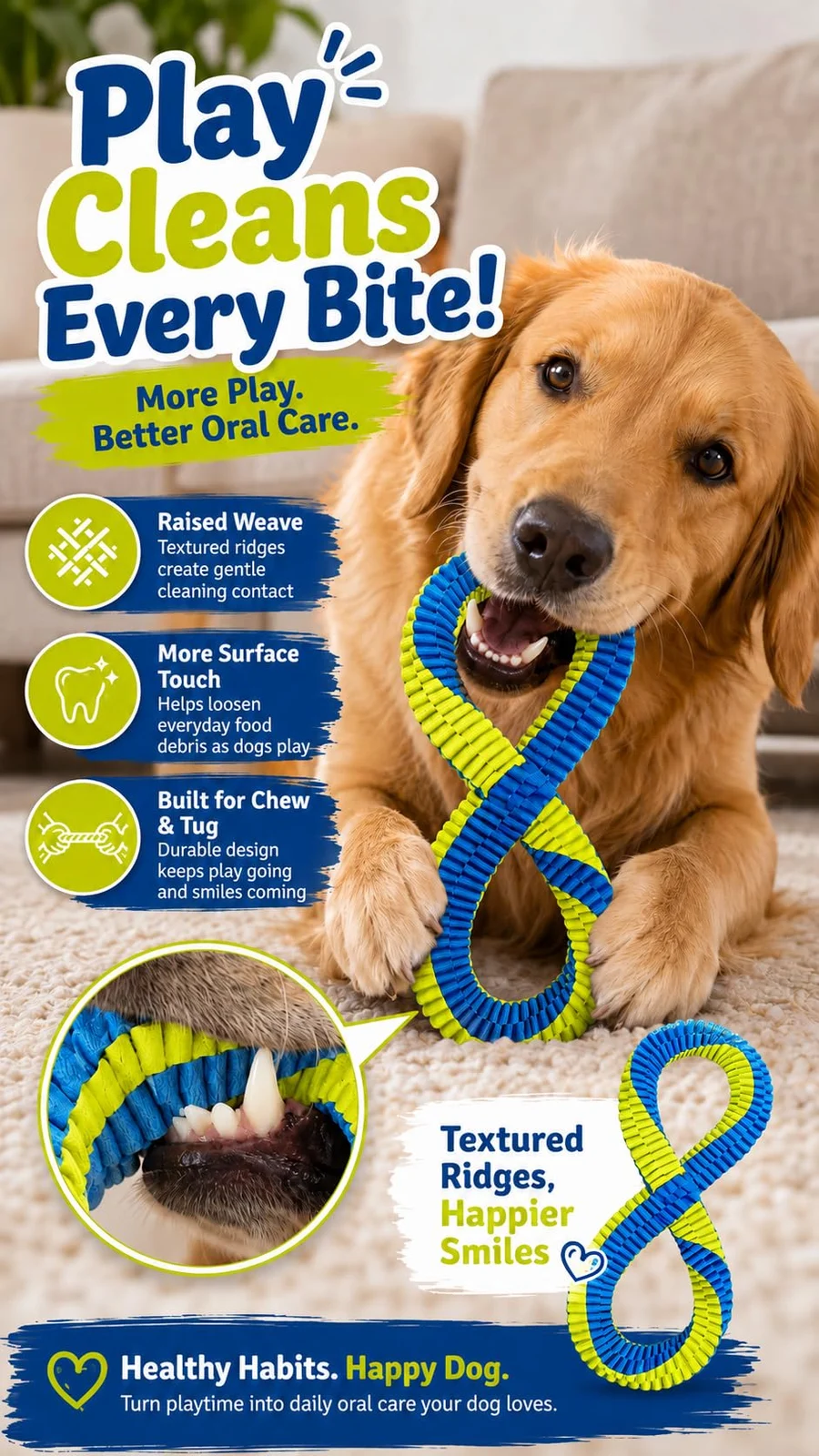 Dental Cleaning Tug Toy For Dogs, Dog Toy, L With Textured Weave, Washable Two Loop… — image 3