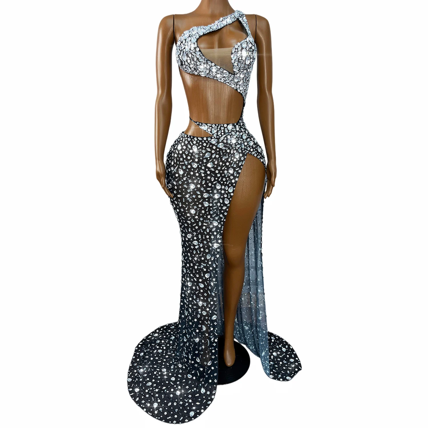 Diamond-studded Backless Strap Slit Dress — image 3