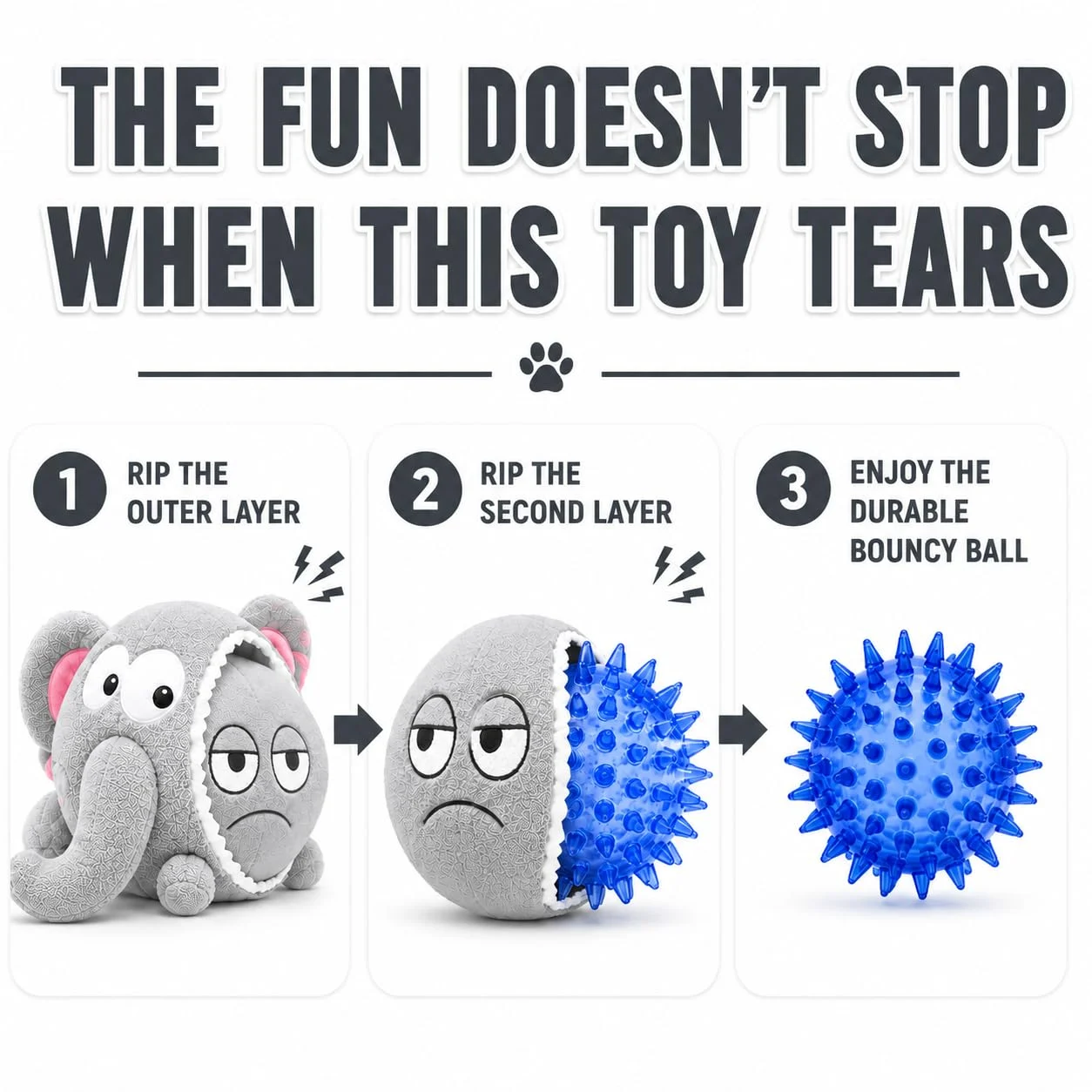 Dog Toy For Aggressive Chewers No Stuffing Crinkle Plush 3-in-1 Elephant , Durable… — image 4