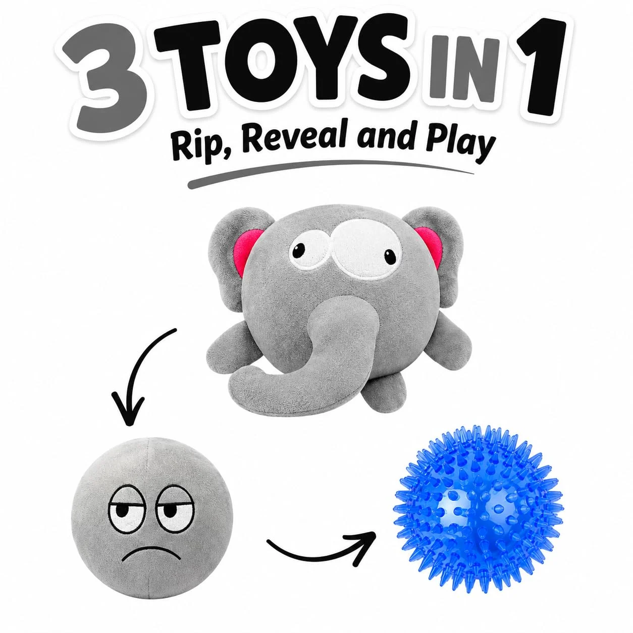 Dog Toy For Aggressive Chewers No Stuffing Crinkle Plush 3-in-1 Elephant , Durable… — image 3