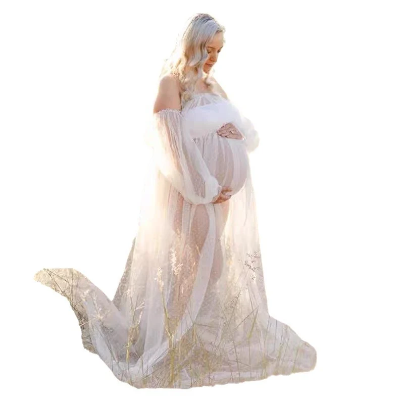 Dot Mesh Off-shoulder Puff Sleeve Pregnant Women Mopping Dress — image 4