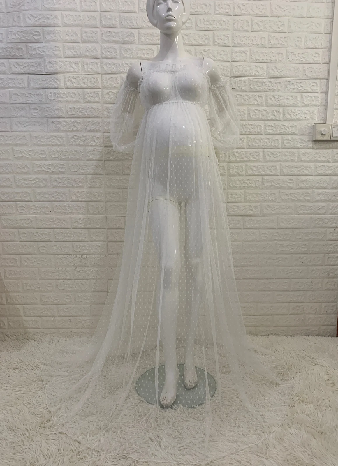 Dot Mesh Off-shoulder Puff Sleeve Pregnant Women Mopping Dress — image 5