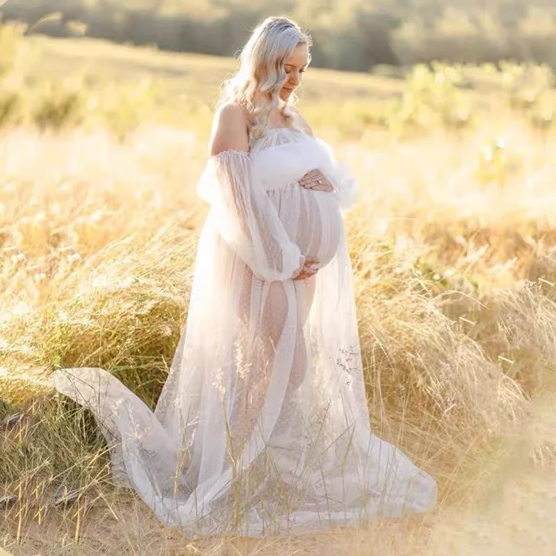 Dot Mesh Off-shoulder Puff Sleeve Pregnant Women Mopping Dress — image 2