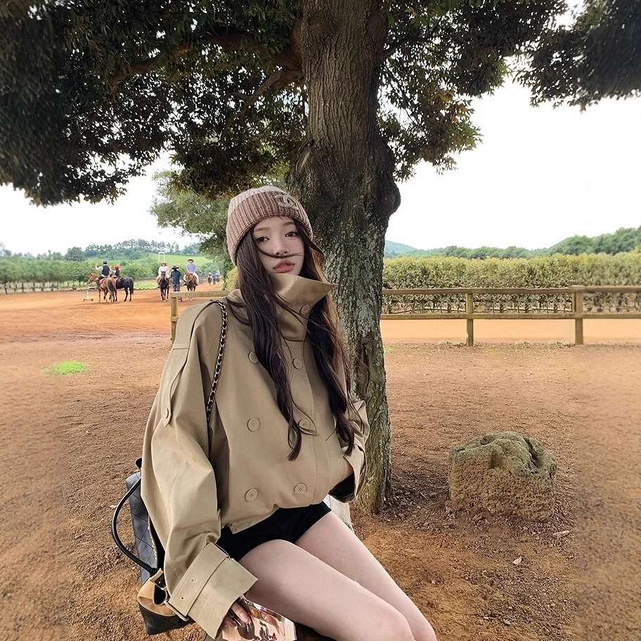 Double-breasted British-style Short Trench Coat With A Stand-up Collar For Women — image 6