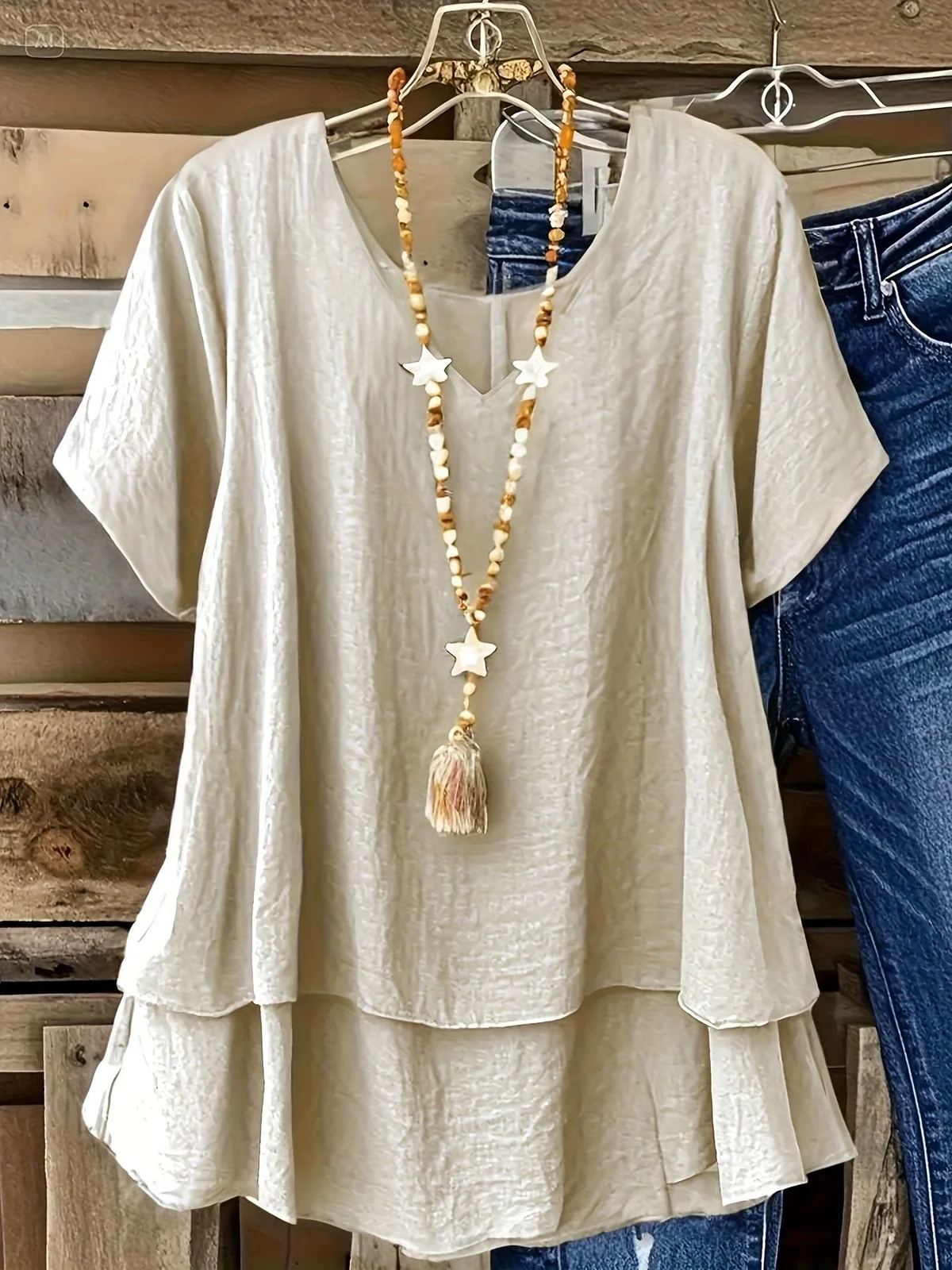 Double-layered Faux Two-piece Short-sleeve Plus-size Top T-shirt For Women — image 4