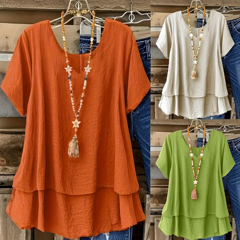Double-layered Faux Two-piece Short-sleeve Plus-size Top T-shirt For Women — image 3