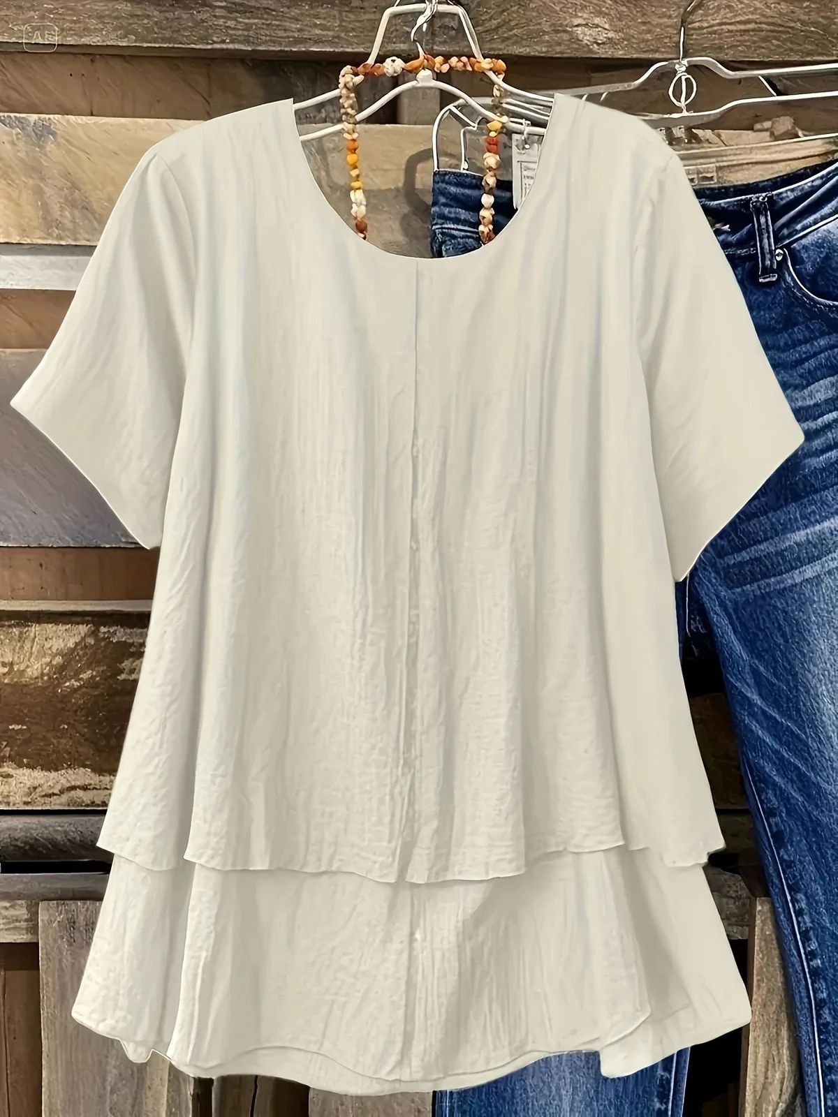Double-layered Faux Two-piece Short-sleeve Plus-size Top T-shirt For Women — image 2