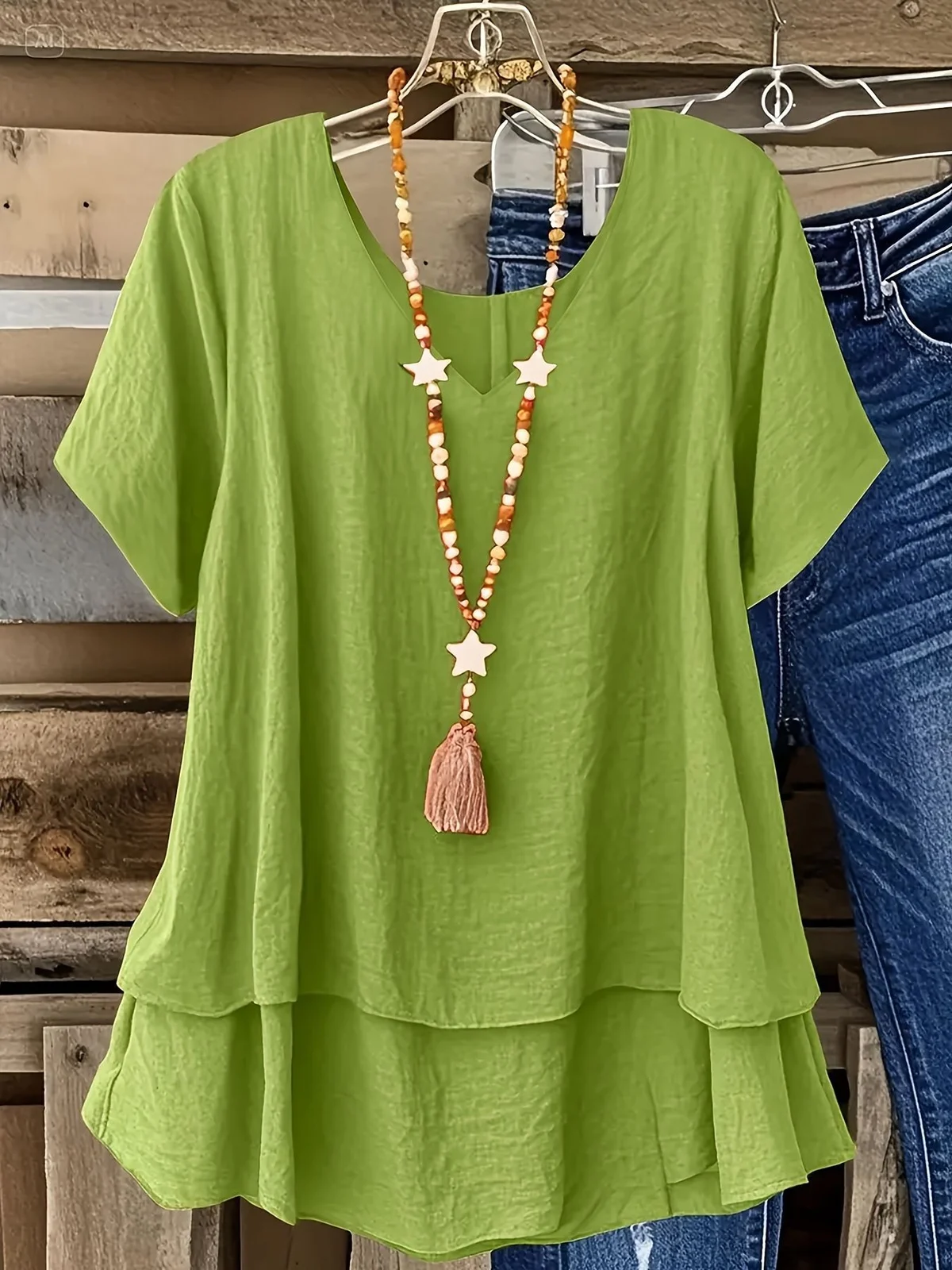 Double-layered Faux Two-piece Short-sleeve Plus-size Top T-shirt For Women — image 5