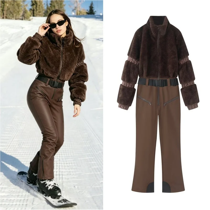 Down-filled Fur Patchwork Zip-up Thickened Fluffy Ski Jumpsuit — image 5