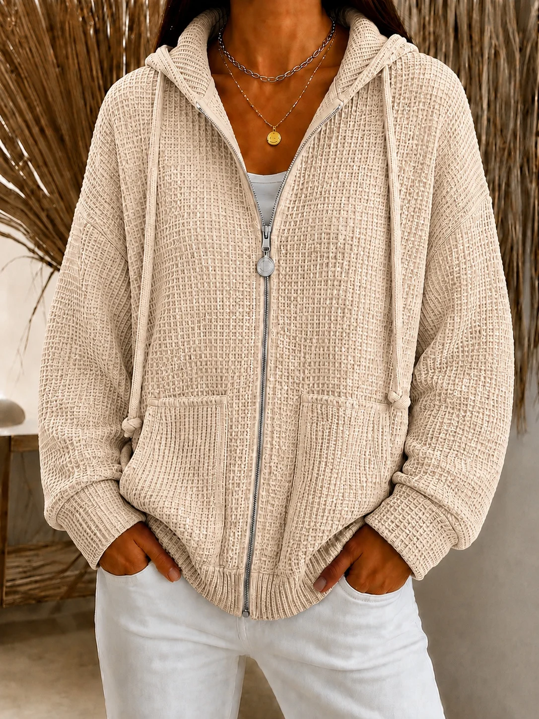 Drawstring Hooded Waffle Zip Hoodie — image 3