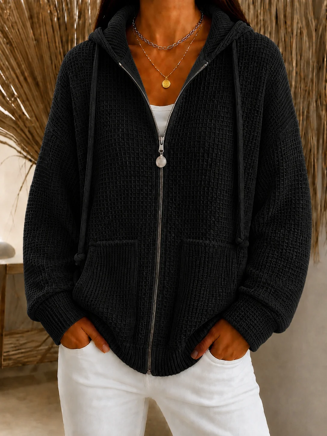 Drawstring Hooded Waffle Zip Hoodie — image 4
